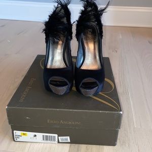 Black satin with feather back peep toe heels